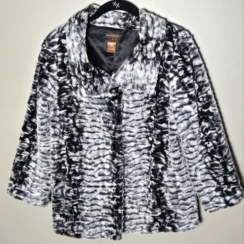 Multiples Faux Fur Black & White Mod Inspired Date Night Jacket, Medium